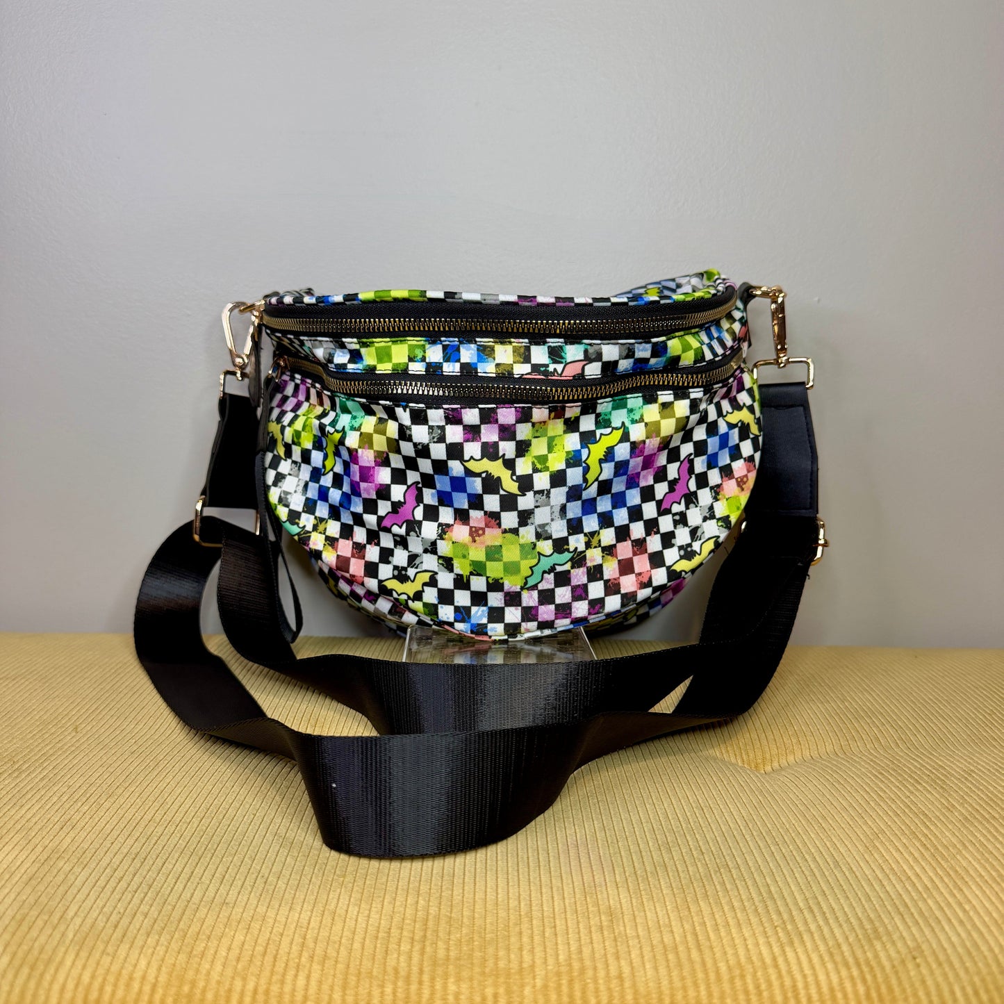 The Roni Nylon Crossbody - Halloween Fall Rainbow Bat Checker